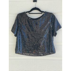 She + Sky NWT black sequin short sleeve crop top MEDIUM